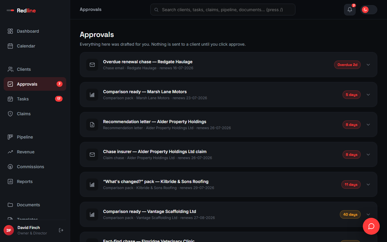The Approvals queue, with a drafted letter waiting for a click