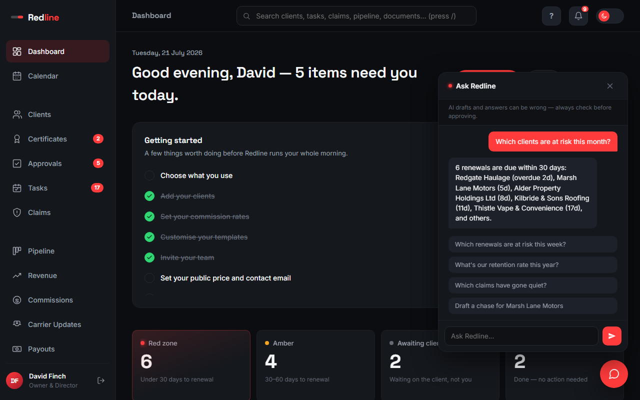 Ask Redline answering a real question with a real, computed answer