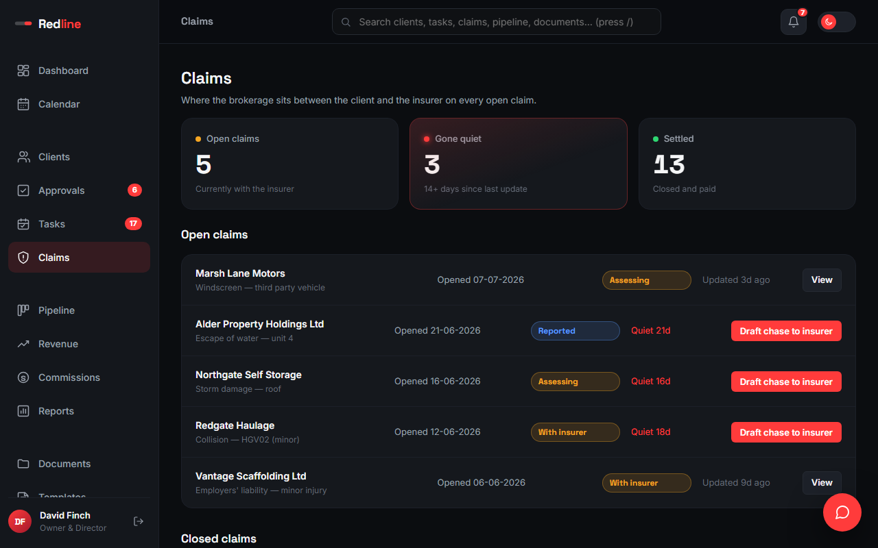The Claims page, with a quiet claim flagged for a chase