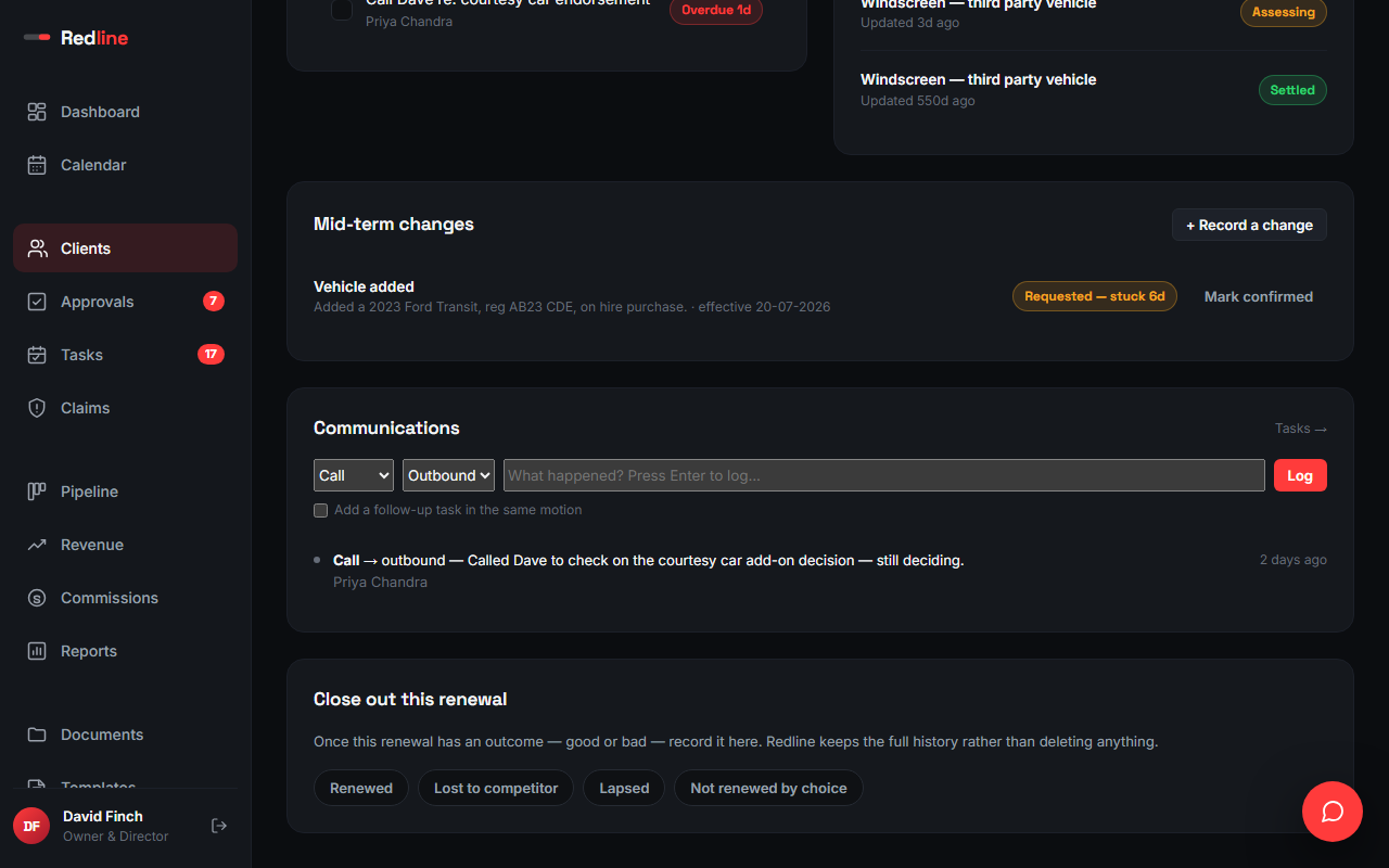 A client's page, showing its communications timeline