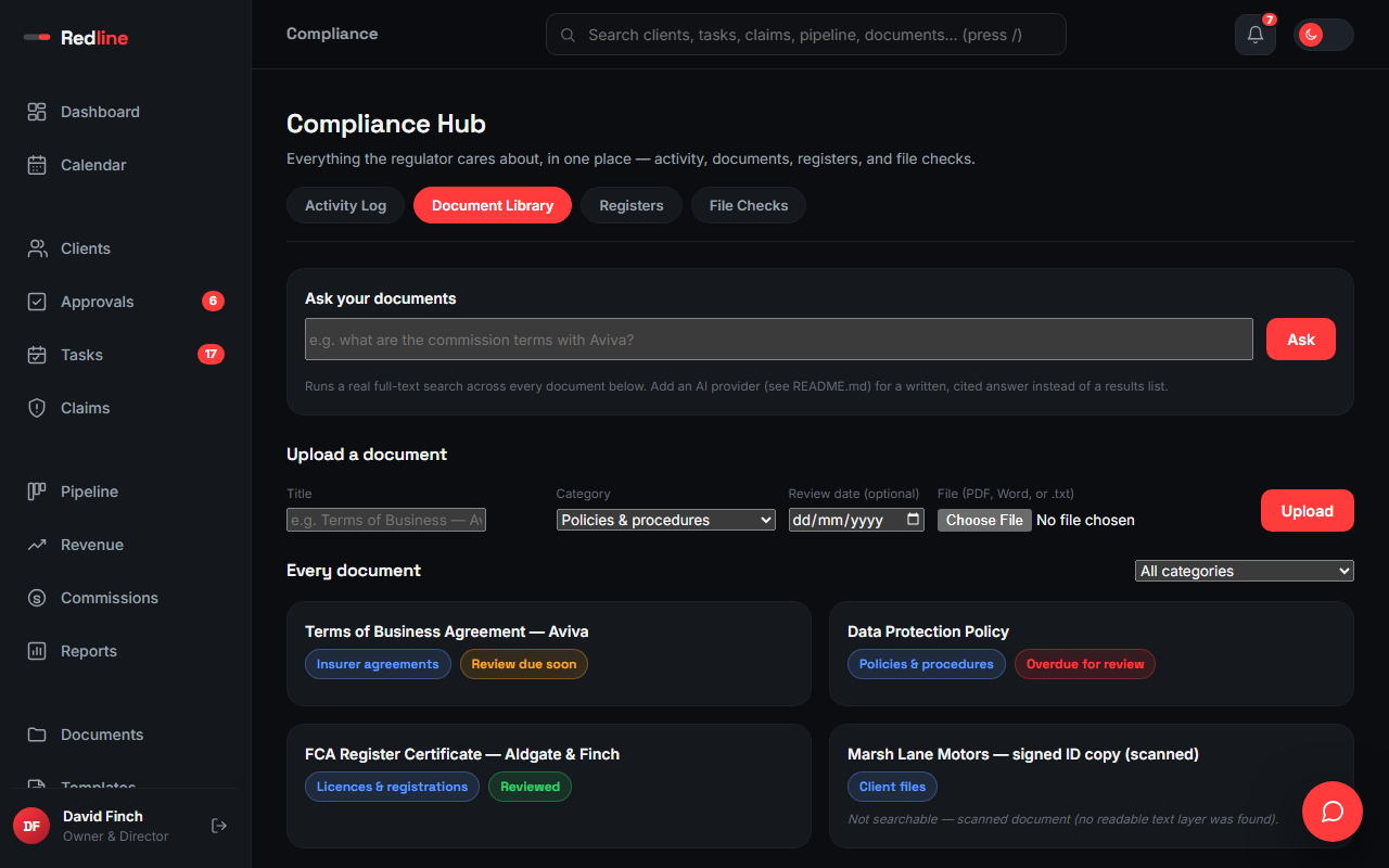 The Compliance Hub's Document Library, with real files and full-text search