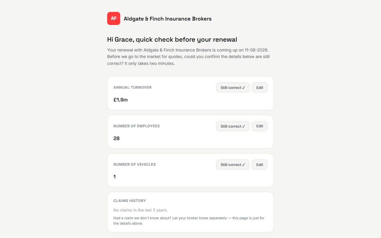 The client-facing confirmation page, open on a phone-width screen