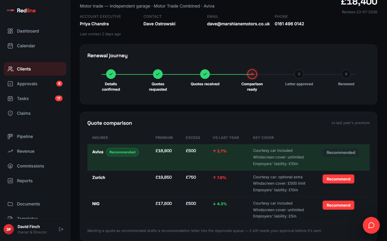 A quote comparison table, with one insurer recommended